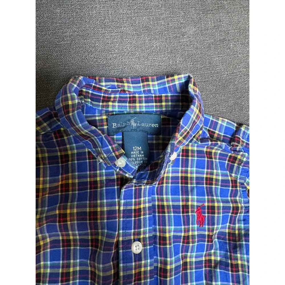 Ralph Lauren Baby Boy 12M 3Pc Outfit Plaid Shirt Jeans Stripe Tee Bundle Blue